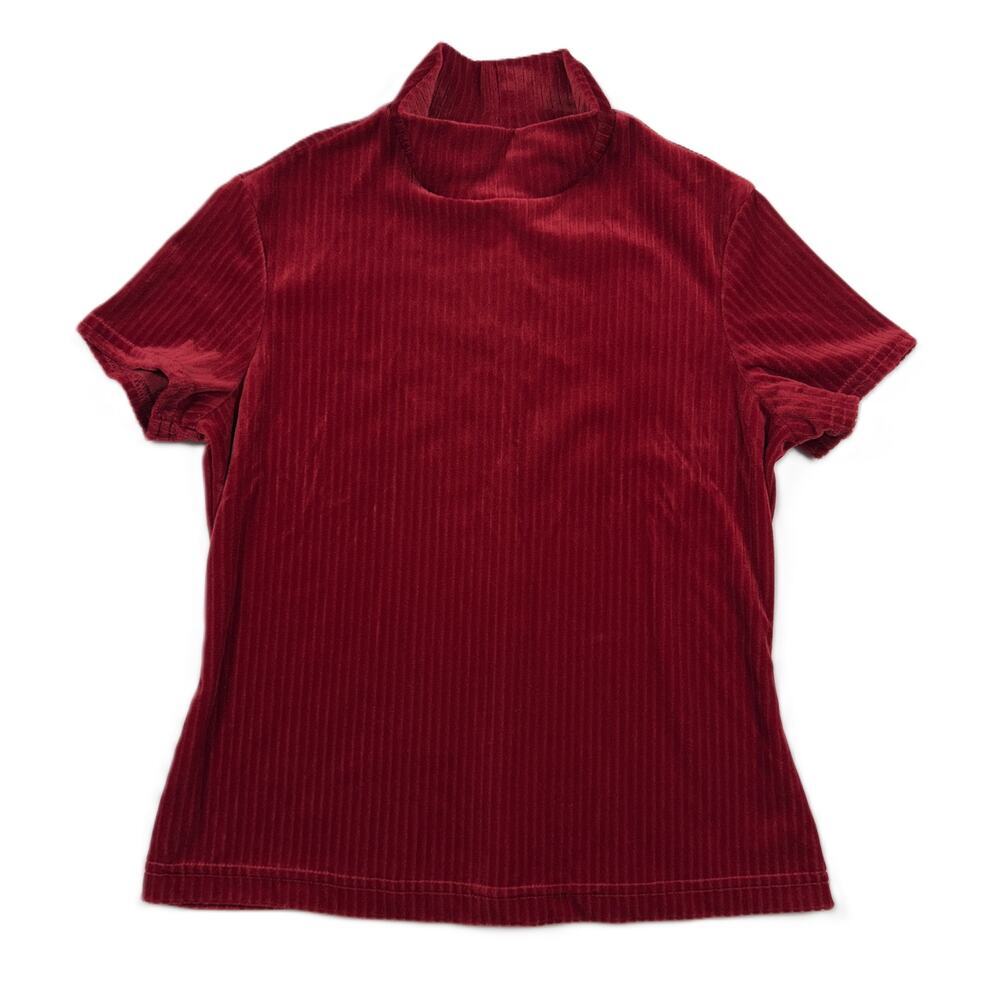 California Concept VTG 90 US Made Red M velvet High Neck Party short sleeve Top - Picture 2 of 10